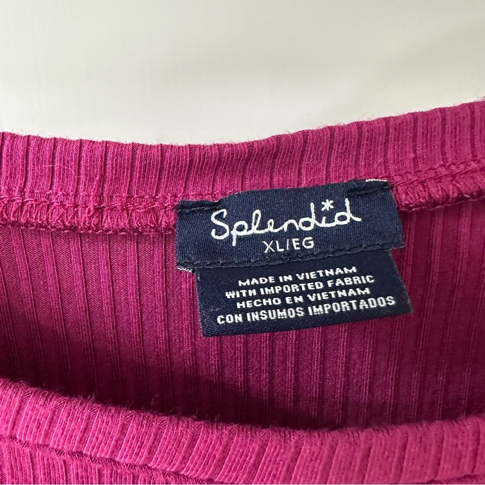 Splendid Raspberry Pink Ribbed Fitted Long Sleeve Tee, Size XL - Picture 2 of 6